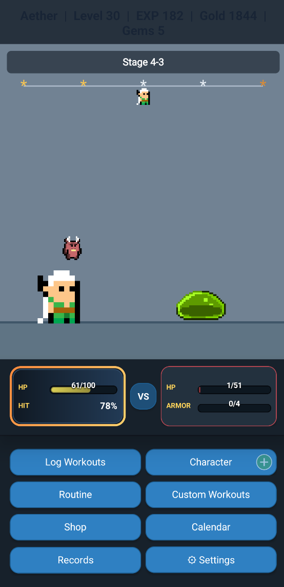 Fitbound hero battling a slime while workout controls wait below