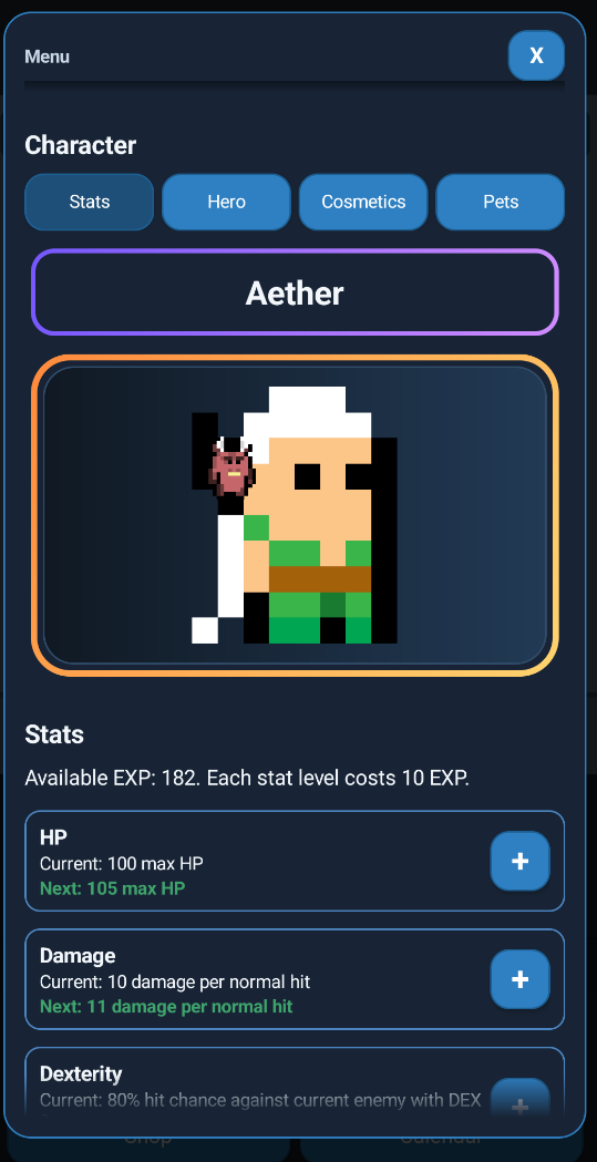 Fitbound character screen showing Aether and upgradeable stats
