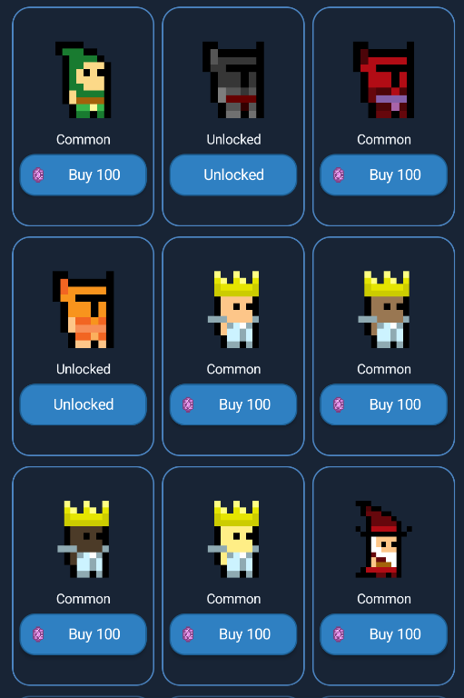Fitbound cosmetic shop with unlockable pixel characters