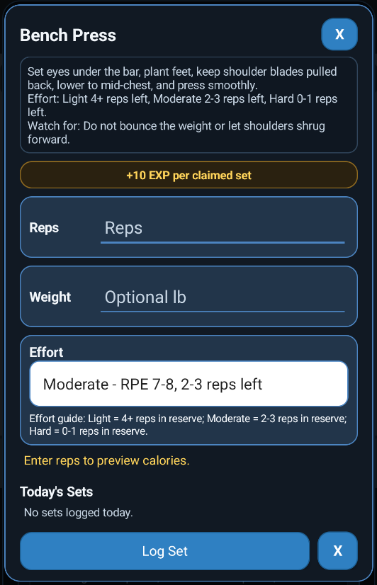 Fitbound set logger for reps, weight, and effort