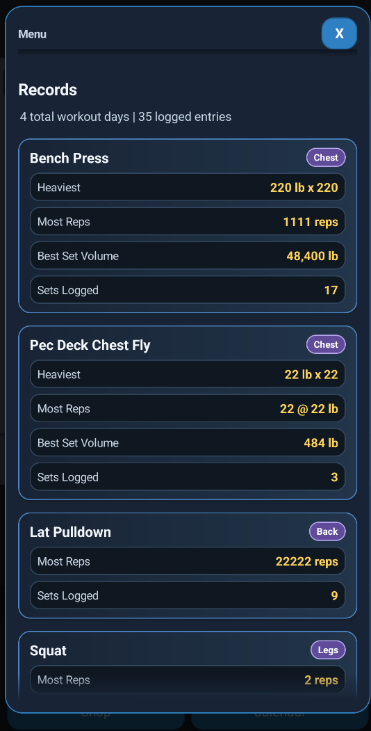 Fitbound workout records showing personal bests and logged sets