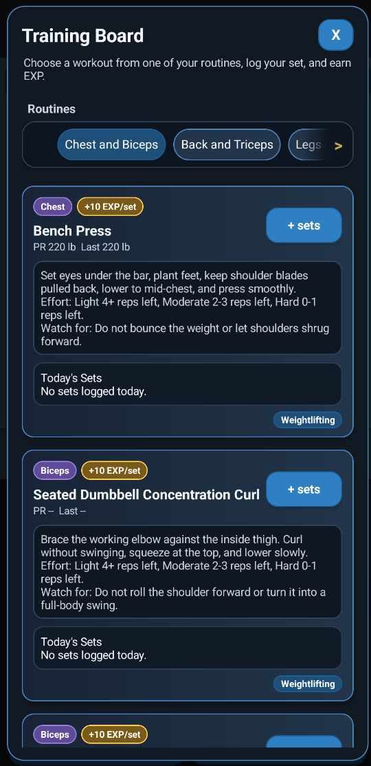 Fitbound Training Board showing routines and exercises