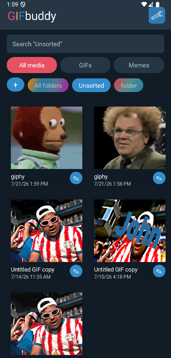 GIFbuddy library with folders, search, GIFs, and memes