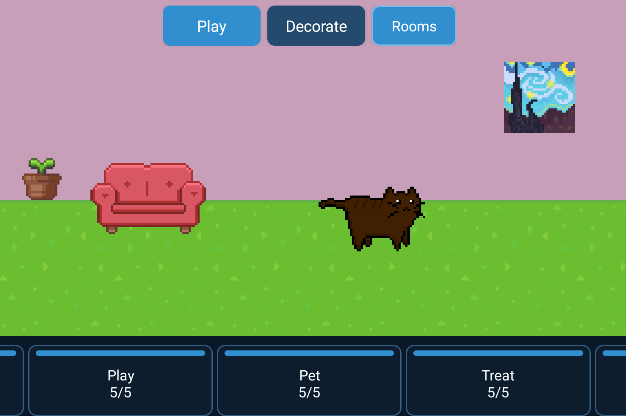 Pounce Pets cat playing in a decorated room