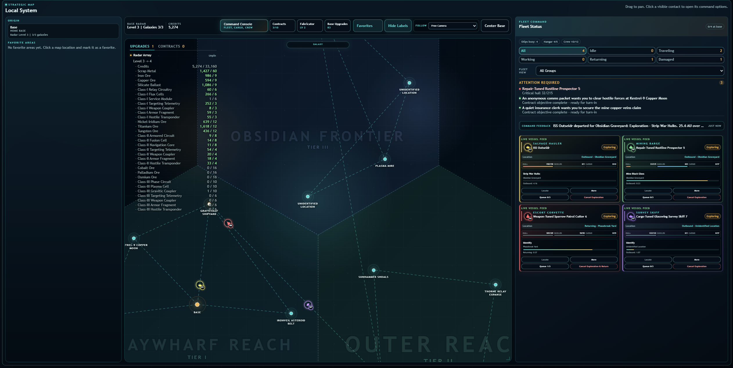 Voidline Command strategic map with the fleet status panel open
