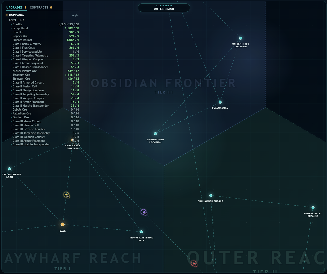 Voidline Command map spanning multiple galaxy tiers and frontier regions