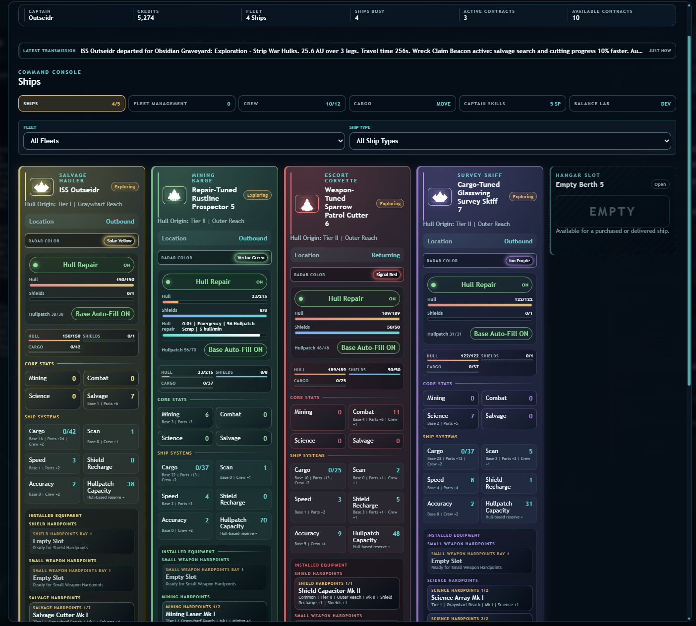 Four specialized Voidline Command ships with equipment and stat panels
